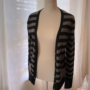 Halogen merino wool cardigan, black/grey/red stripe, size s